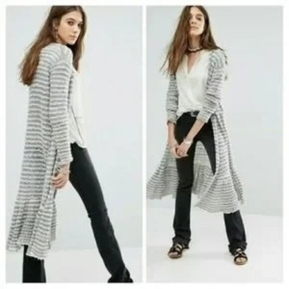 Free People Sweaters - Free People Gray Striped Smile Like You Mean It Open Long Cardigan Duster